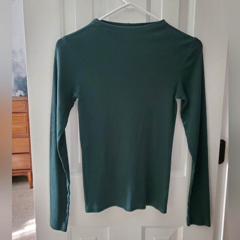 ✅ Everlane The Luxe Rib Funnel-Neck Tee, Heathered Dark Sea (S)